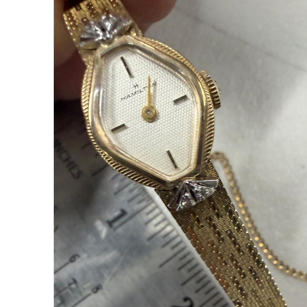 Hamilton Vintage Womens Cocktail Watch Gold Tone Shield Case Mesh Band Stones